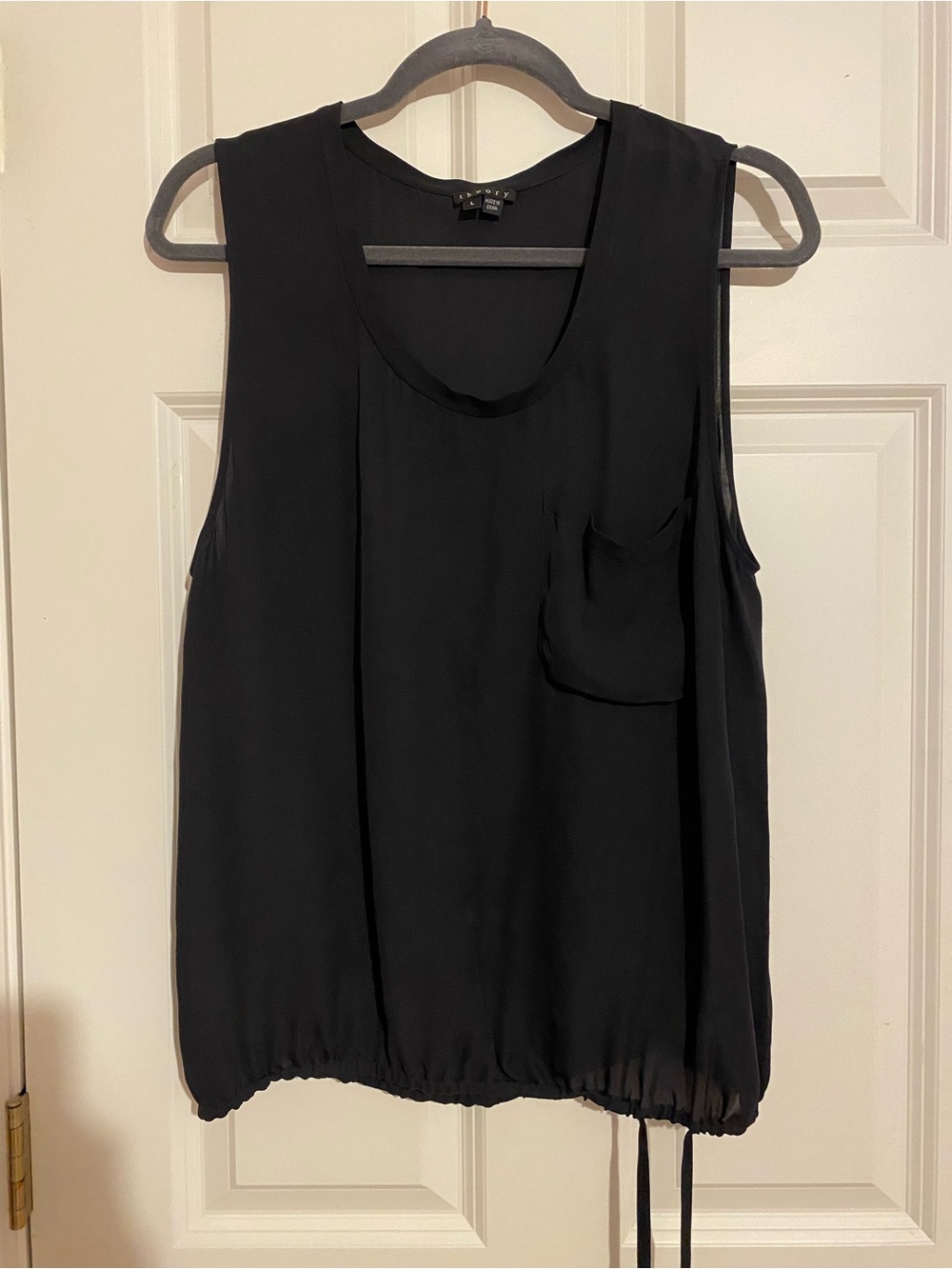 Theory black sleeveless drawstring hem sheer blouse, size large